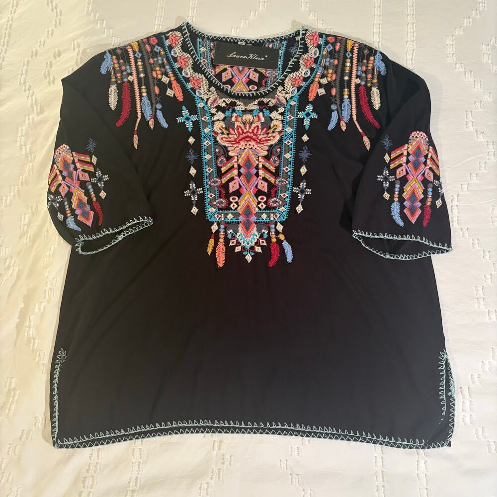 NWT Bohemian Mexican Embroidered Peasant Top Black Rayon Tunic Colorful M